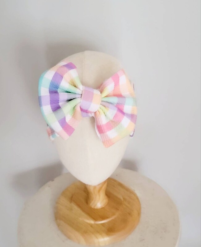 Pastel Check Plaid Knit Hair Bow - Headwrap - Clip - Pigtail Bows - Headband - Peach - Easter - Rainbow - Spring - Birthday - Purple - Small